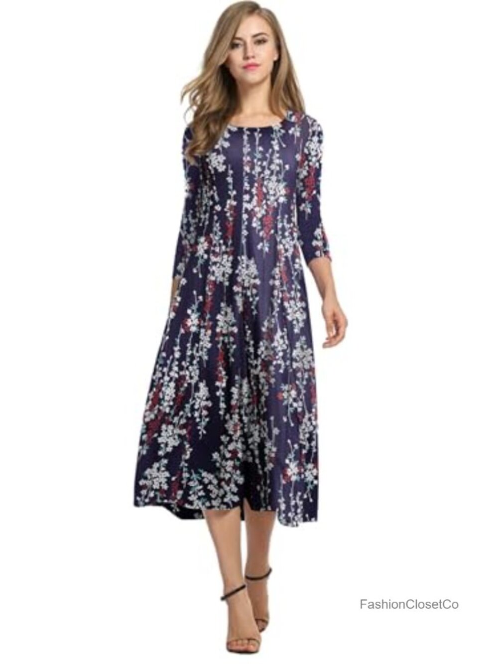 Women's 3/4 Sleeve A-Line Flare Midi Dress Polyester Spandex